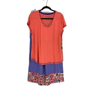 Bolly Doll Pajama Set Womens Sz Medium Short Sleeve Tee + Pants Coral Blue Print